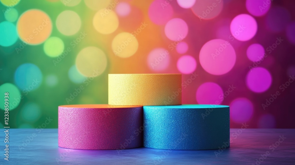 Poster Vibrant Colorful Podium for Celebratory Displays with Bokeh Background and Blank Space for Text or Branding