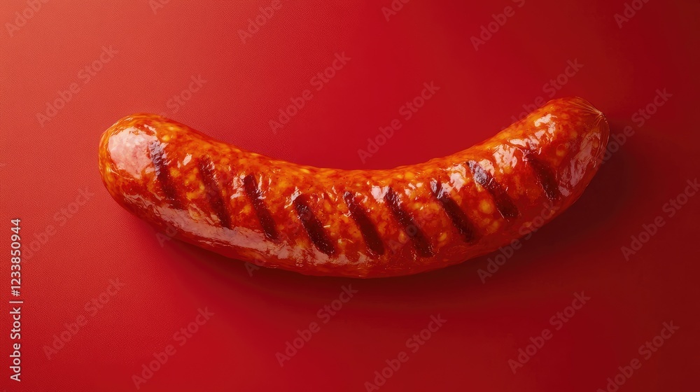 Aufkleber vibrant chorizo sausage resting against a bold red backdrop highlighting its rich color and texture.