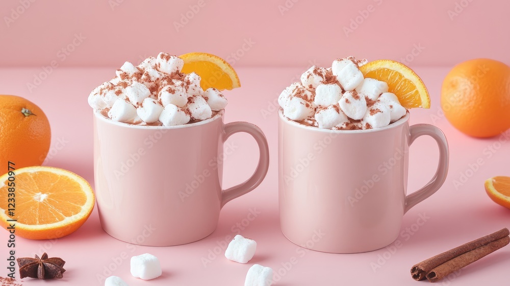 Poster cozy cocoa in pink mugs garnished with marshmallows orange slices and cinnamon sticks on a soft pink
