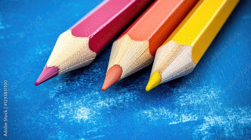 Aufkleber Vivid colored pencils arranged on a bright blue background with ample empty space for creative text or design elements