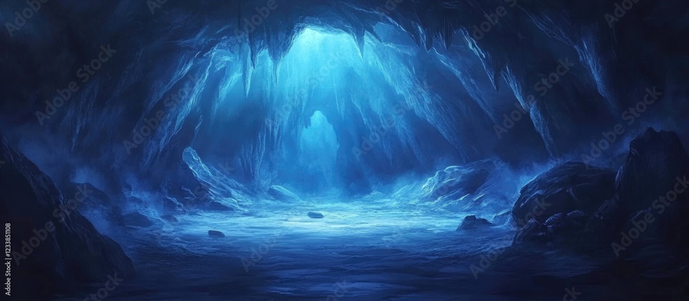 Poster Cave Interior Illuminated by Glowing Blue Light Showcasing Rock Formations and Textured Walls Creating a Mysterious Atmosphere