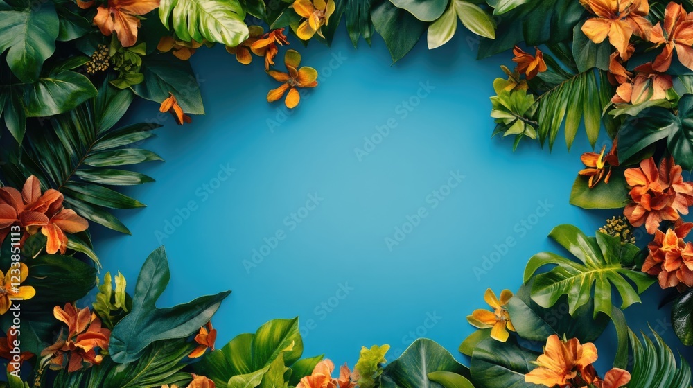 Aufkleber Tropical Fruit and Floral Border Design on Vibrant Blue Background with Space for Text and Customization