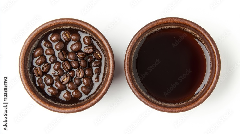 Poster Two rustic cups of dark coffee and roasted beans on a white background overhead view with ample space for creative text placement.