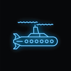Blue neon submarine emitting smoke while sailing on black background