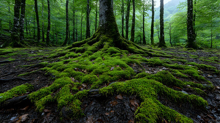 Obraz premium Mossy tree roots in lush green forest; nature background for websites