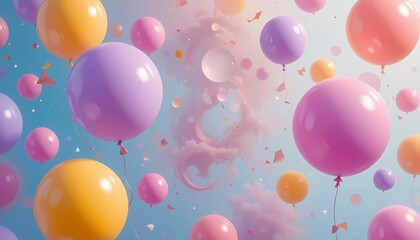 Colorful balloons and confetti in a whimsical sky.