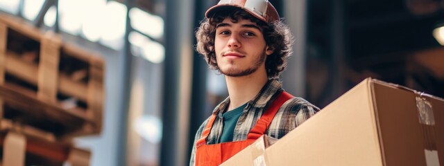 Warehouse worker engaged in shipping tasks holding a box with ample empty space for text in a bright, organized warehouse setting.