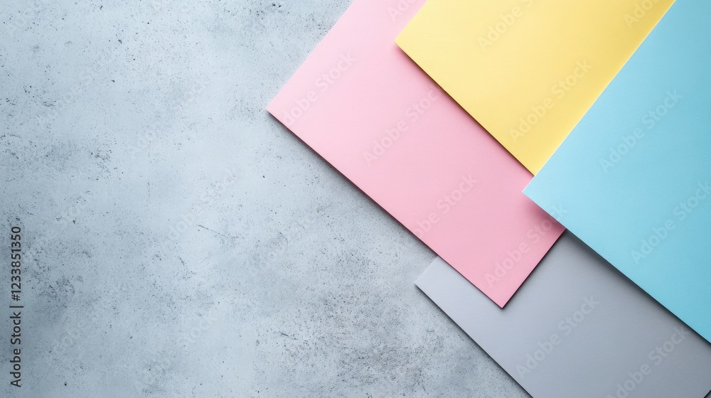 Poster two diagonal a4 paper mockups in pastel colors on light gray concrete background for branding or des