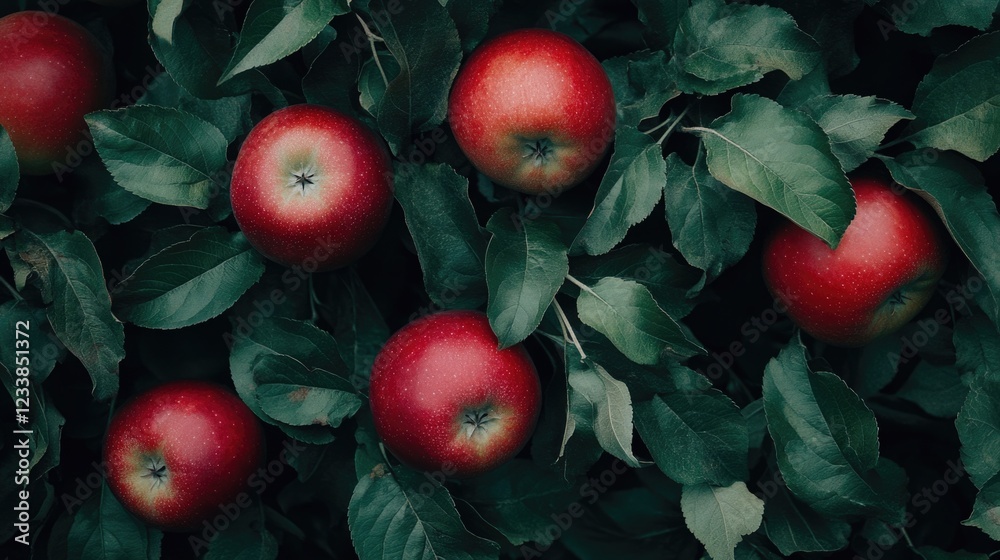 Aufkleber fresh ripe red apples on a tree branch surrounded by lush green leaves with blank space for text or 