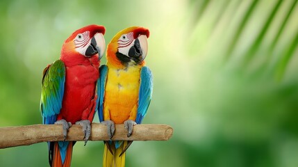 Obraz premium Colorful Parrots Sitting Together on a Branch in a Tropical Setting