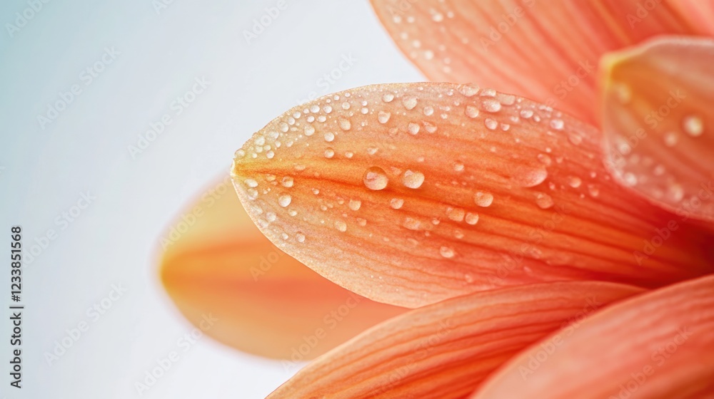 Aufkleber close up of fresh vibrant flower petals with dew drops and space for text in soft pastel background