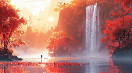 Fototapeta premium A photographer finds a hidden waterfall, captured in glowing flat design detail