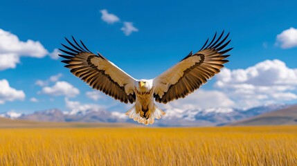 Naklejka premium Majestic Eagle Flying Over Golden Wheat Field With Scenic Background