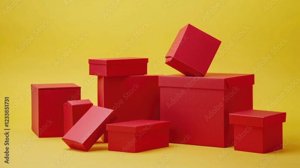 Poster vibrant red gift boxes on bright yellow background with empty space for text to enhance holiday or c