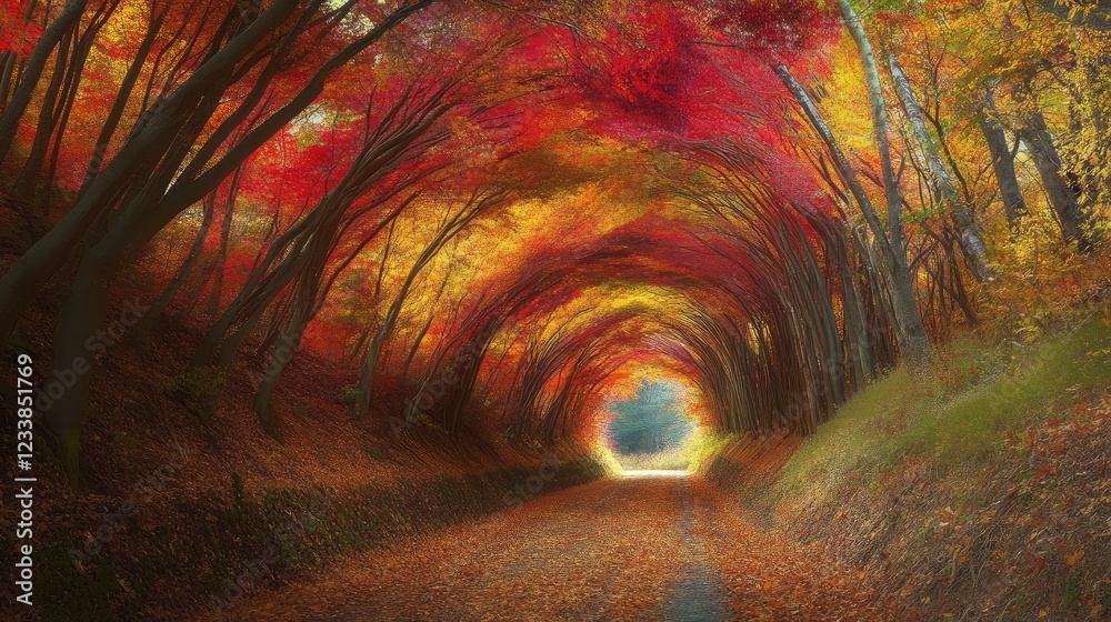 Leinwandbilder vibrant autumn forest tunnel with colorful leaves creating a captivating natural pathway through the