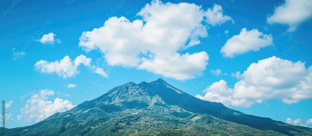 Poster majestic mountain peak under a vibrant blue sky with fluffy clouds and ample empty space for customi