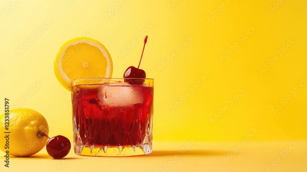 Poster Refreshing cocktail with lemon and cherry on vibrant yellow background ideal for menu or promotional use with space for text.