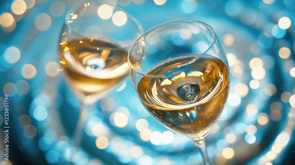 Poster Elegant champagne glasses with shimmering blue bokeh creating a magical and festive atmosphere for celebrations and special occasions