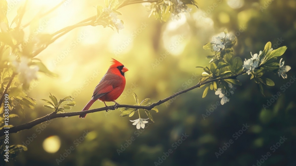 Poster beautiful red cardinal perched on a blooming tree branch illuminated by soft morning sunlight in a s