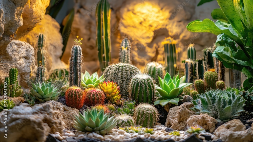 Fototapete succulent garden under artificial light showcasing diverse cacti and plants creating a serene relaxa