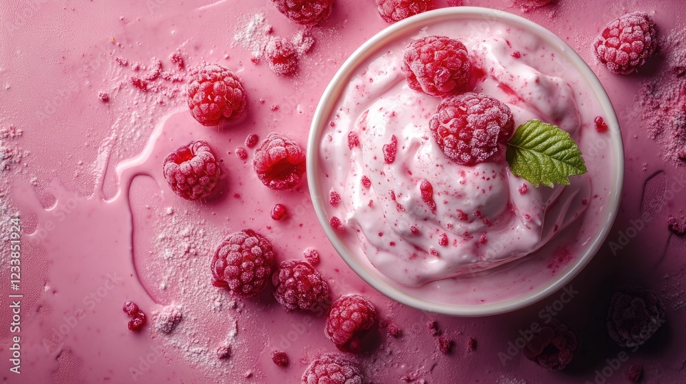 Poster Delicious raspberry yogurt dessert in a bowl surrounded by fresh raspberries with copyspace for text in a vibrant pink setting