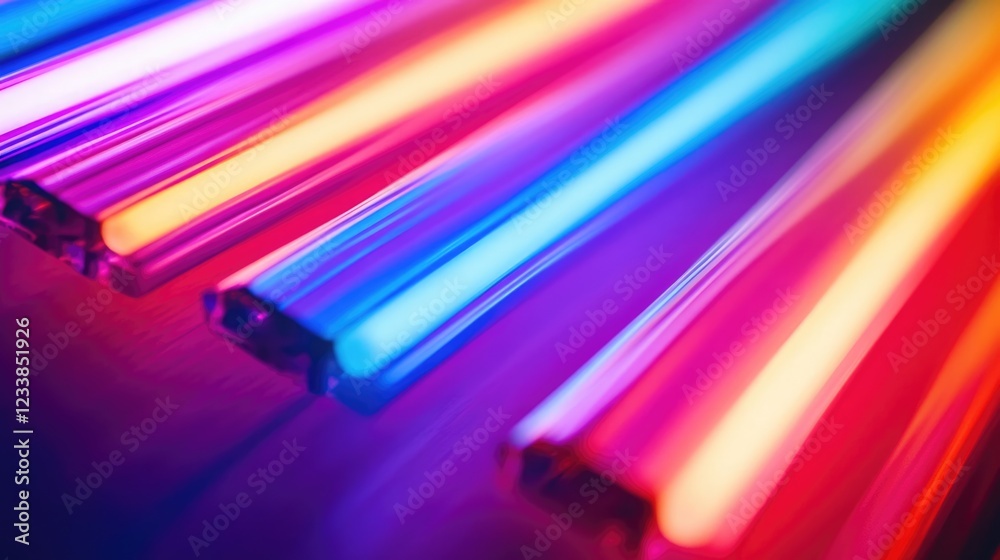Poster Colorful Abstract Neon LED Light Strips with Smooth Gradient Background and Space for Text