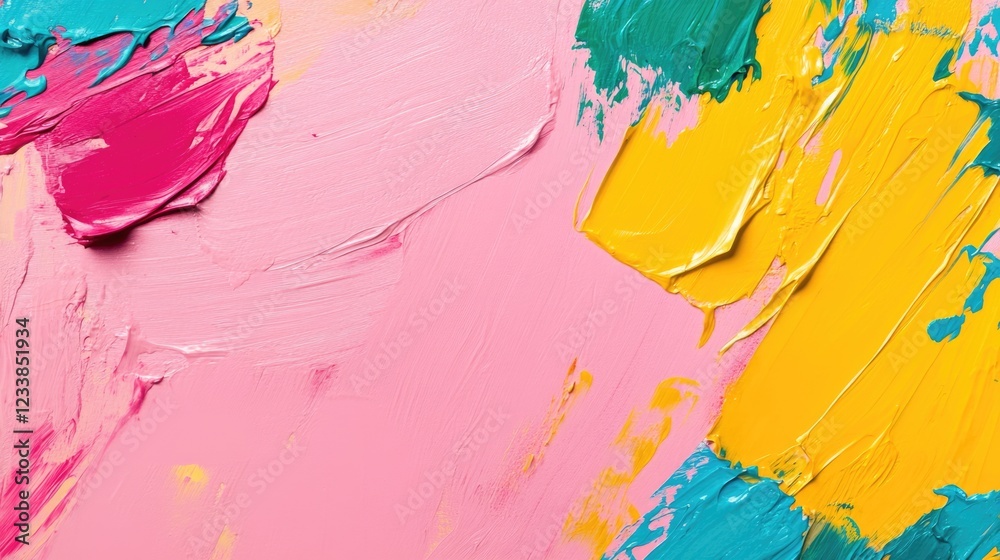 Leinwandbilder Vibrant abstract paint texture with bold strokes in pink yellow and teal creating dynamic background with empty space for text.