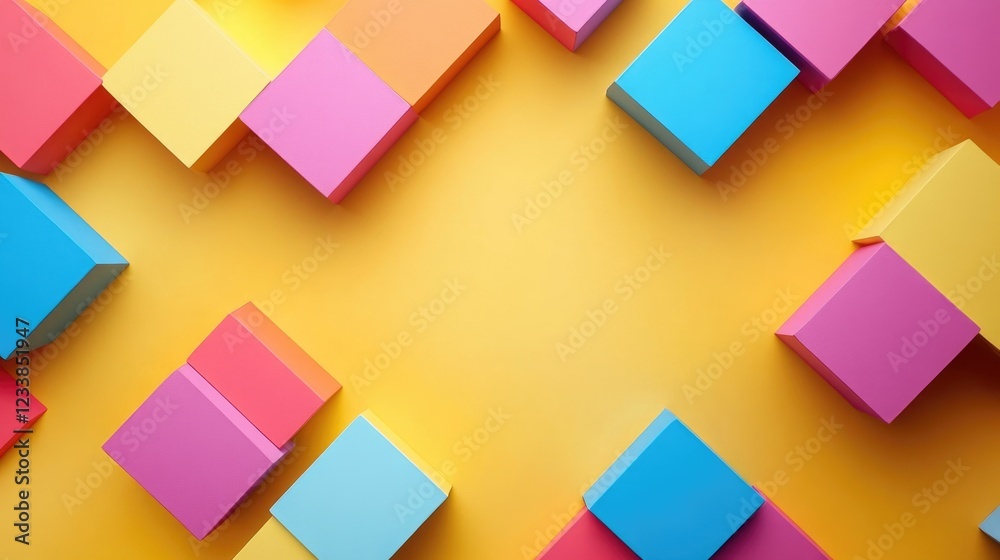 Poster colorful geometric squares on yellow background with empty space for text and design elements