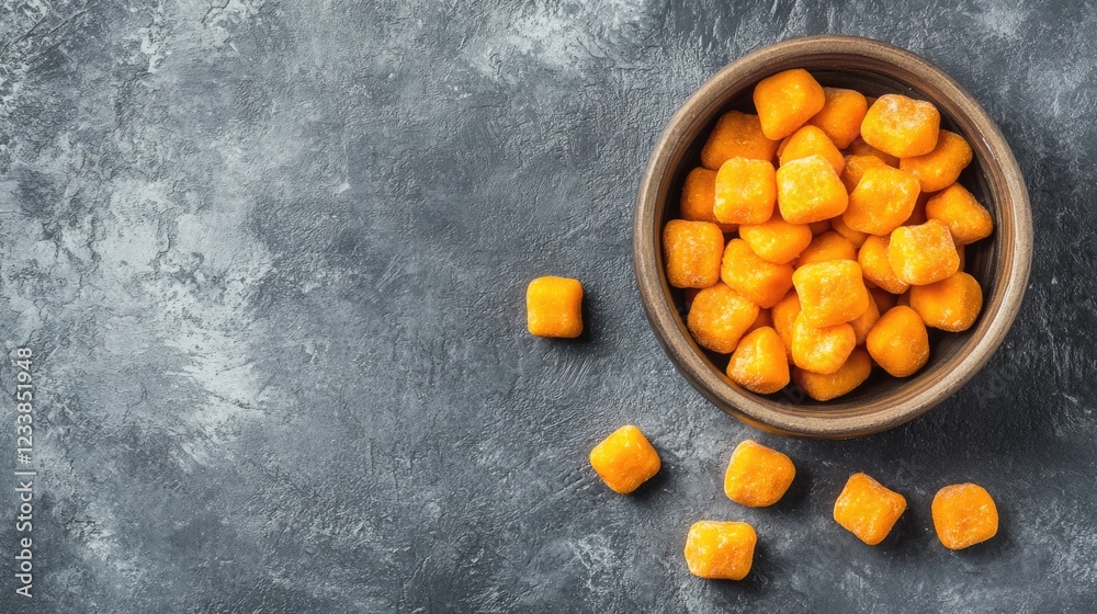 Aufkleber homemade vegan sweet potato gnocchi in a rustic bowl on a textured grey surface with copyspace for c