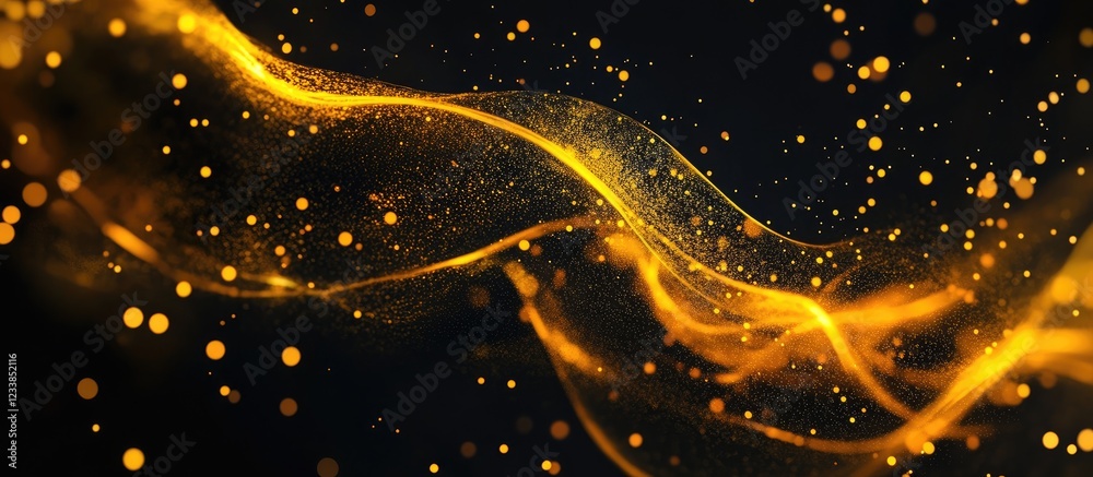 Leinwandbilder Luxurious abstract molten gold wave fluidity on dark background with vibrant particles and empty space for elegant design text