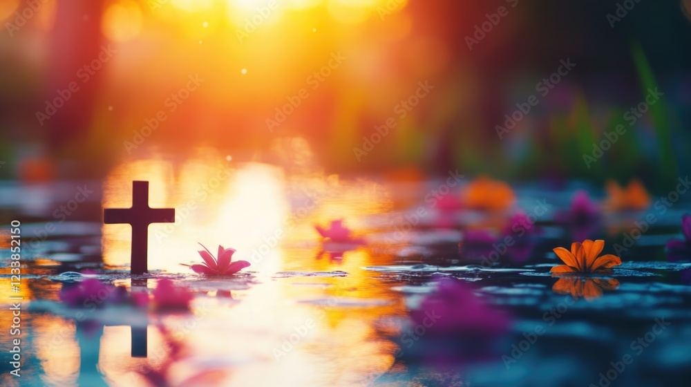Poster serene evening pond with colorful flowers and cross reflection offering tranquil atmosphere and copy