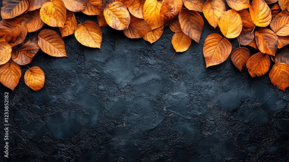 Poster Dried autumn leaves on a black textured background creating a natural frame with ample empty space for text or branding.