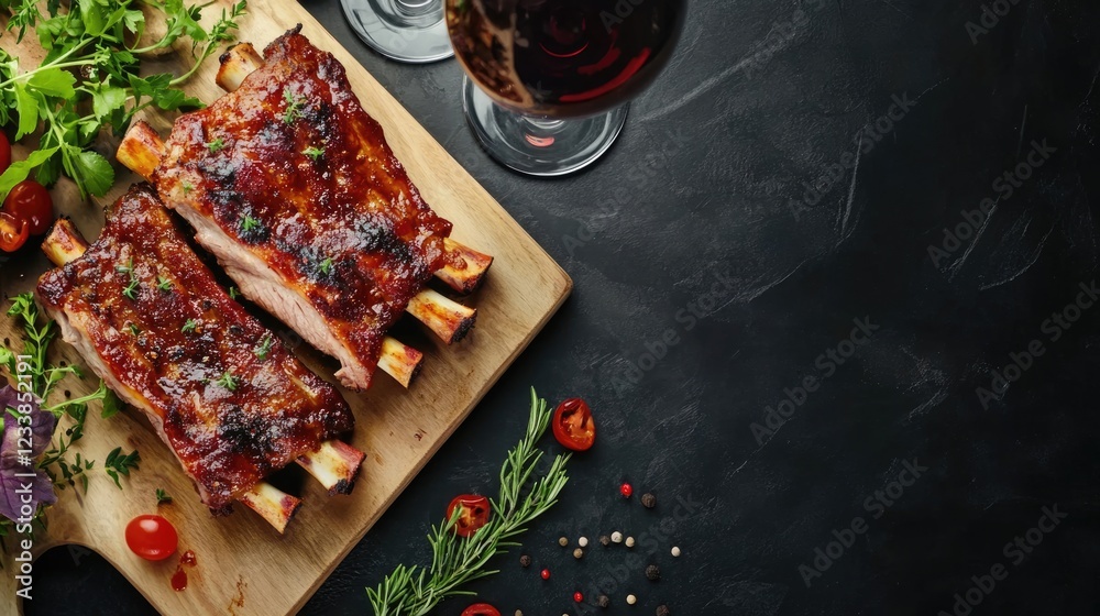 Poster homemade spiced smoked ribs barbecue with wine on wooden board featuring empty space for text ideal 