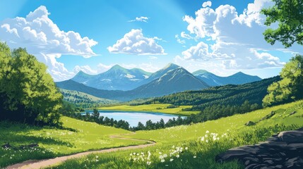 Panoramic digital art of a serene mountainous landscape with lush greenery, a tranquil lake, and a vibrant blue sky.