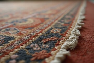 Detailed Persian rug showcasing floral patterns, red and blue hues, and textured fringes
