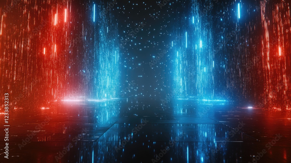 Fototapete glowing red and blue digital network nodes with abstract background and copy space for text in futur