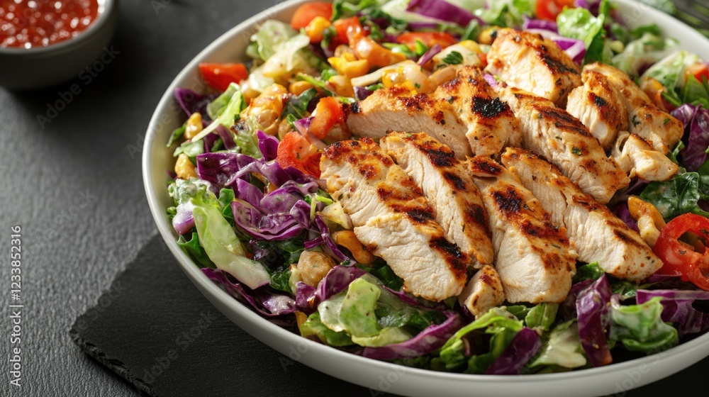 Poster colorful grilled chicken and cabbage salad healthy dish with fresh vegetables and empty copyspace fo