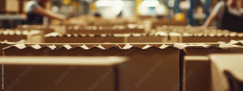 Poster warehouse workers preparing cardboard boxes in a distribution center with ample empty space for cust