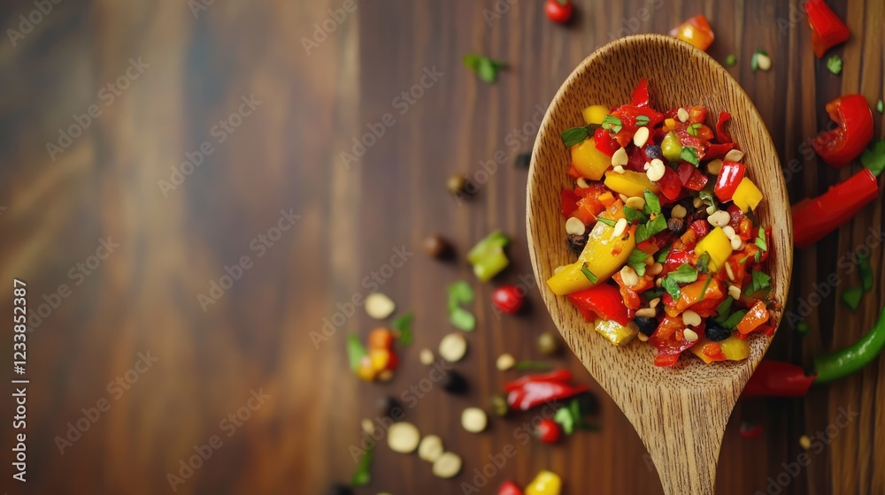 Poster Close Up of Colorful Pepper Seeds in Wooden Spoon on Rustic Background with Blank Space for Culinary Text or Branding