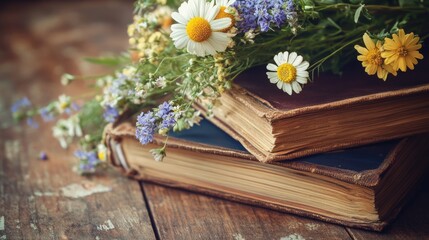 Fototapeta premium Wildflowers on Antique Books with Copyspace for Text in Vintage Rustic Decor Setting