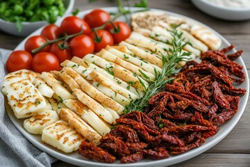 A gourmet cheese platter pairs luxury cheeses with crisp crackers. Colorful platter of grilled cheese, sun-dried tomatoes, and fresh herbs.