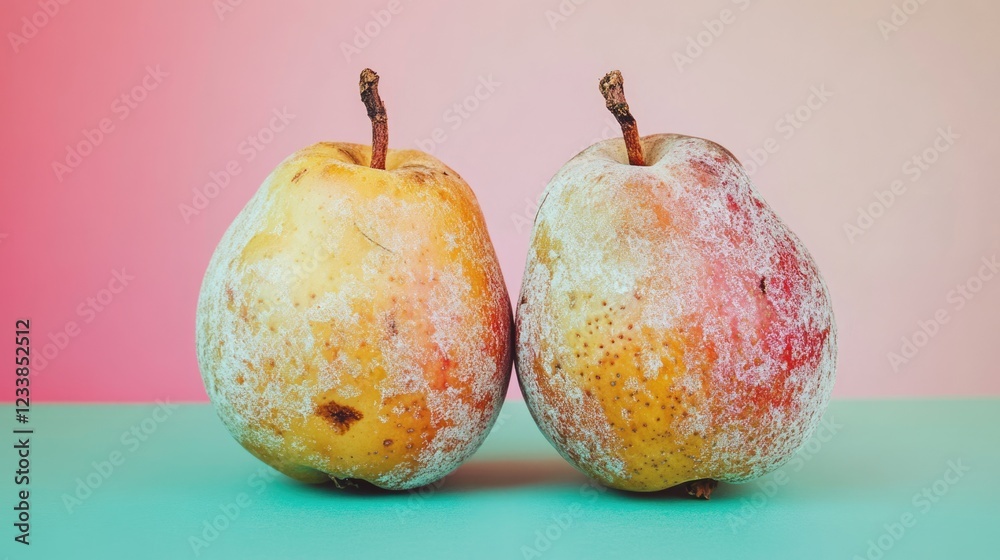 Poster spoiled fresh fruits with powdery mildew displayed against a soft pastel background illustrating dec