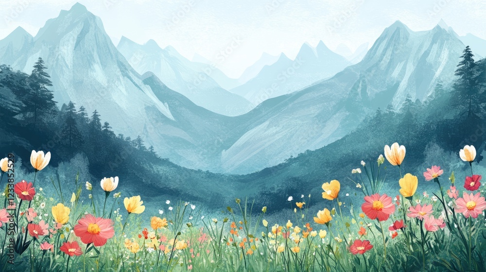 Aufkleber Alpine landscape with vibrant wildflowers and majestic mountains creating a serene backdrop suitable for text insertion
