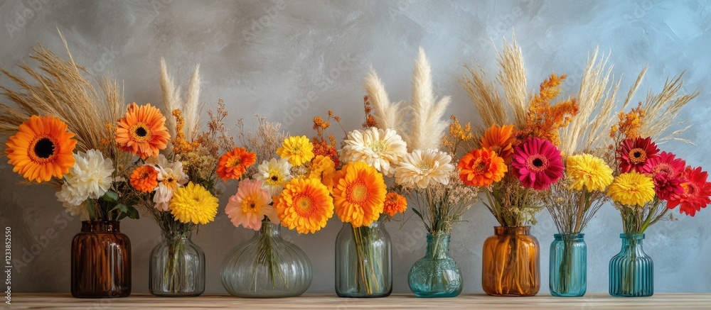Poster scandinavian style flower arrangement with millet gerbera bouquets in glass vases eco friendly autum