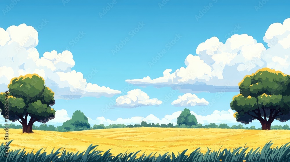 Poster vibrant agricultural landscape featuring golden fields and lush trees under a bright blue sky with f