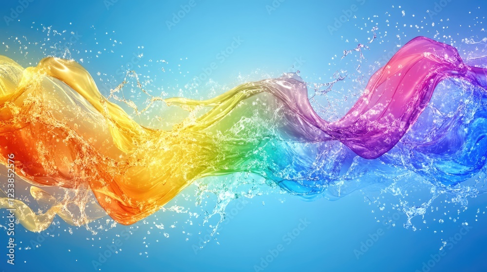 Aufkleber vibrant fluid abstract water splash in rainbow colors with copyspace for text on a blue background