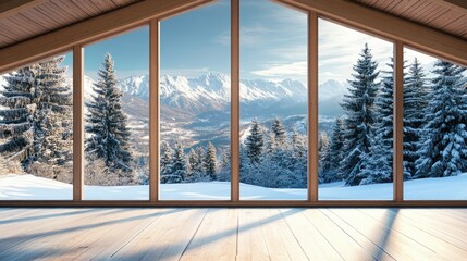 Modern Winter Chalet Interior with Panoramic Mountain View and Space for Text Overlay