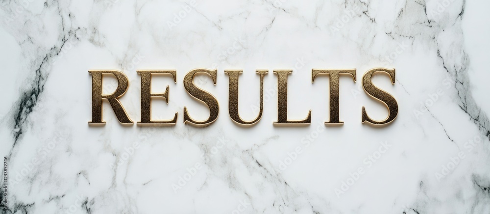 Poster elegant white marble background featuring the word results in gold letters with customizable space f