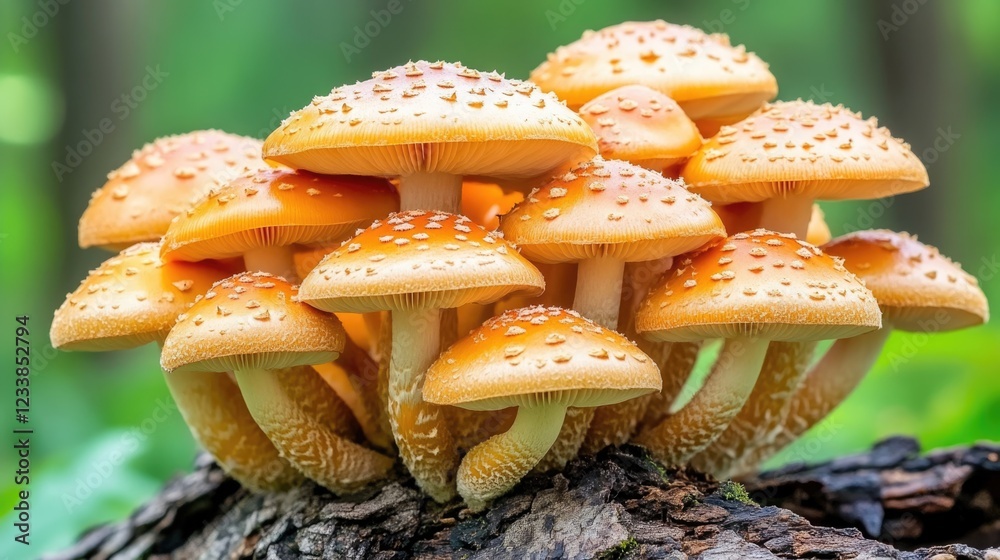 Poster Vibrant Cluster of Orange Mushrooms on Tree Trunk with Dew Drops and Empty Copyspace for Text in Lush Green Forest Setting