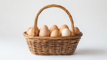 Wicker basket filled with fresh eggs on white background for Easter celebration flat lay arrangement and decoration concept